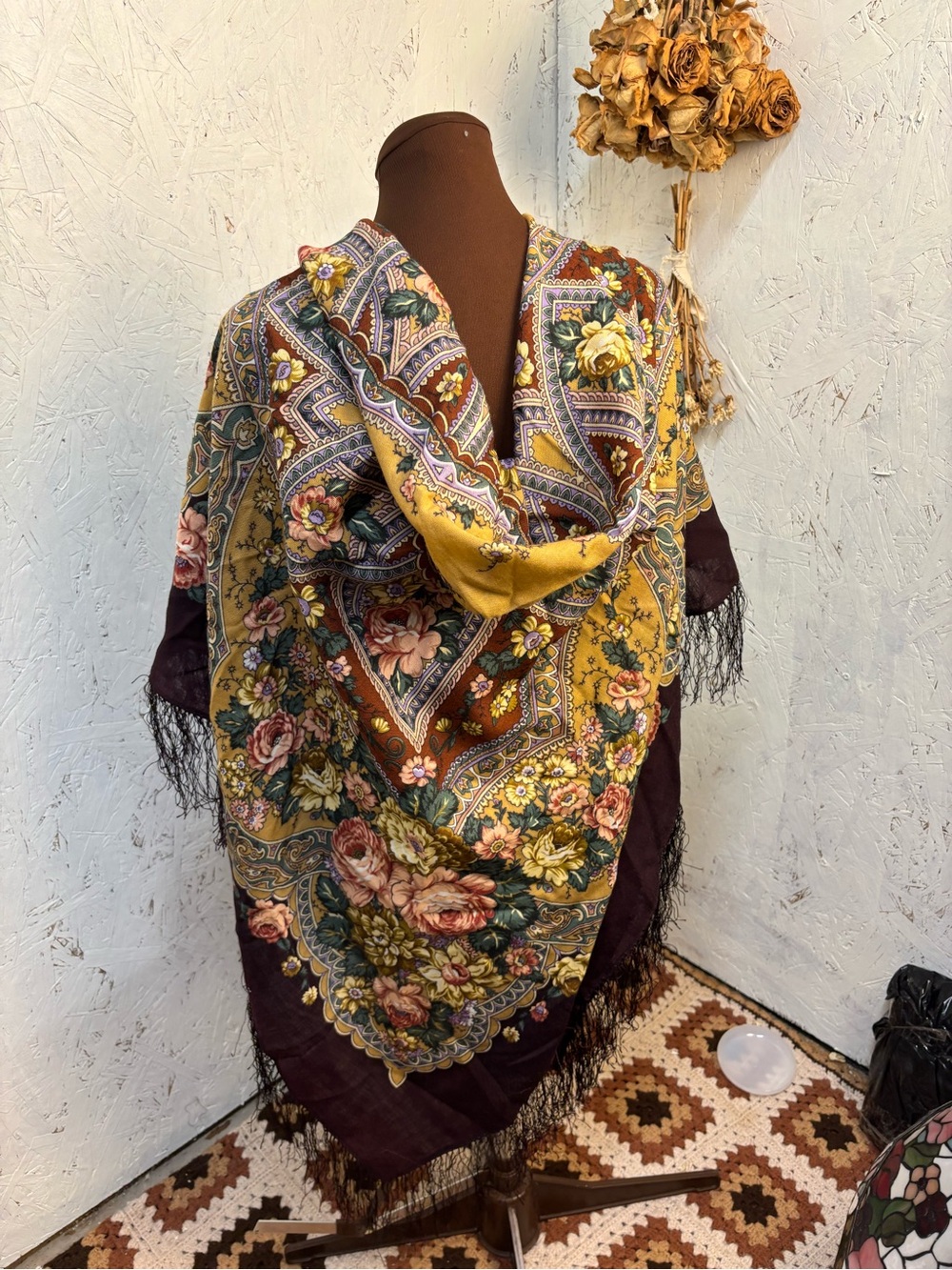 Vintage Huge Floral Fringe Brown Pink Scarf Shawl - Picture 3 of 5